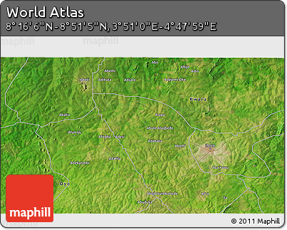 Satellite 3D Map of the Area around 8° 33' 36" N, 4° 19' 30" E