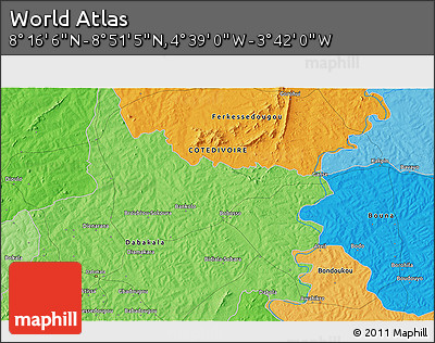 Political 3D Map of the Area around 8° 33' 36" N, 4° 10' 30" W