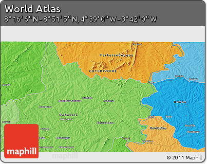 Political 3D Map of the Area around 8° 33' 36" N, 4° 10' 30" W