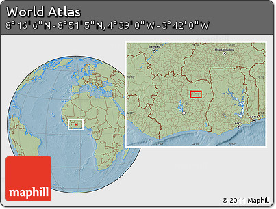 Savanna Style Location Map of the Area around 8° 33' 36" N, 4° 10' 30" W, hill shading
