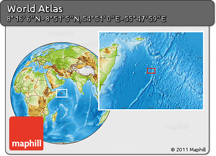 Physical Location Map of the Area around 8° 33' 36" N, 55° 19' 30" E
