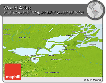 Physical 3D Map of the Area around 8° 33' 36" N, 61° 7' 30" W