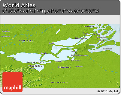 Physical 3D Map of the Area around 8° 33' 36" N, 61° 7' 30" W