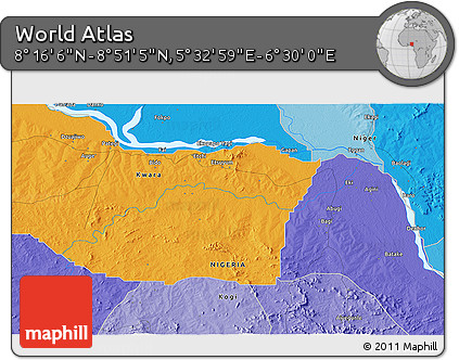 Political 3D Map of the Area around 8° 33' 36" N, 6° 1' 30" E