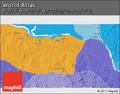Political 3D Map of the Area around 8° 33' 36" N, 6° 1' 30" E