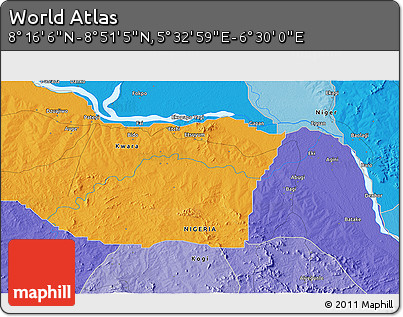 Political 3D Map of the Area around 8° 33' 36" N, 6° 1' 30" E