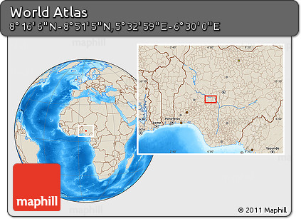Shaded Relief Location Map of the Area around 8° 33' 36" N, 6° 1' 30" E