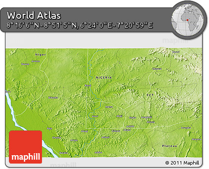 Physical 3D Map of the Area around 8° 33' 36" N, 6° 52' 30" E