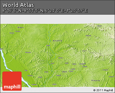 Physical 3D Map of the Area around 8° 33' 36" N, 6° 52' 30" E