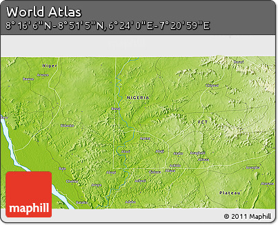 Physical 3D Map of the Area around 8° 33' 36" N, 6° 52' 30" E