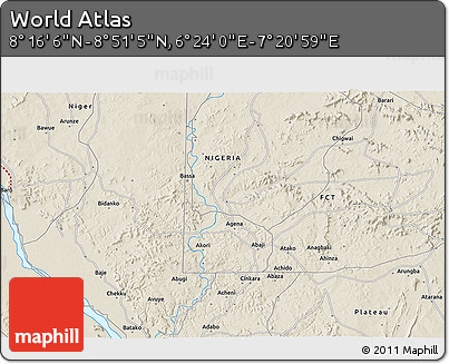 Shaded Relief 3D Map of the Area around 8° 33' 36" N, 6° 52' 30" E