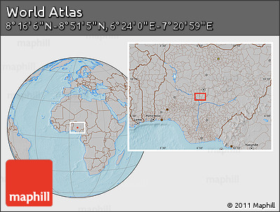 Gray Location Map of the Area around 8° 33' 36" N, 6° 52' 30" E, hill shading
