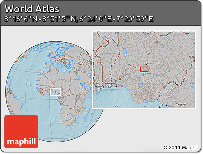 Gray Location Map of the Area around 8° 33' 36" N, 6° 52' 30" E, hill shading