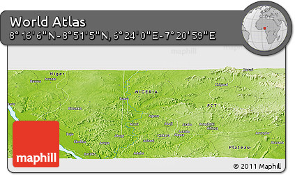Physical Panoramic Map of the Area around 8° 33' 36" N, 6° 52' 30" E