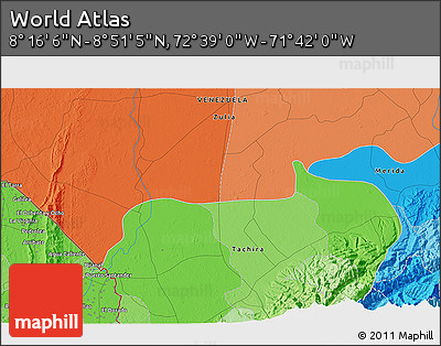 Political 3D Map of the Area around 8° 33' 36" N, 72° 10' 30" W