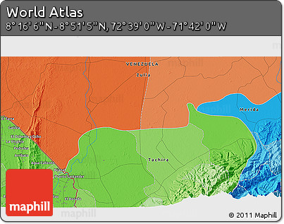 Political 3D Map of the Area around 8° 33' 36" N, 72° 10' 30" W