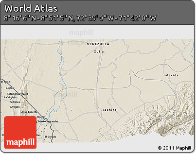 Shaded Relief 3D Map of the Area around 8° 33' 36" N, 72° 10' 30" W