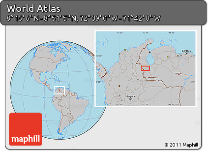 Gray Location Map of the Area around 8° 33' 36" N, 72° 10' 30" W