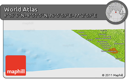Physical Panoramic Map of the Area around 8° 33' 36" N, 76° 34' 29" E