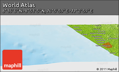 Physical Panoramic Map of the Area around 8° 33' 36" N, 76° 34' 29" E