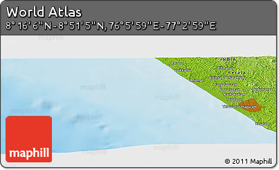 Physical Panoramic Map of the Area around 8° 33' 36" N, 76° 34' 29" E