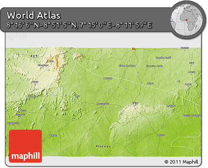 Physical 3D Map of the Area around 8° 33' 36" N, 7° 43' 29" E
