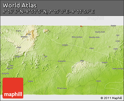Physical 3D Map of the Area around 8° 33' 36" N, 7° 43' 29" E