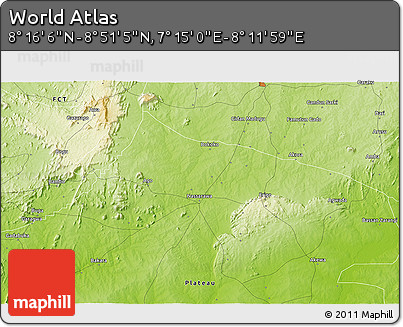 Physical 3D Map of the Area around 8° 33' 36" N, 7° 43' 29" E