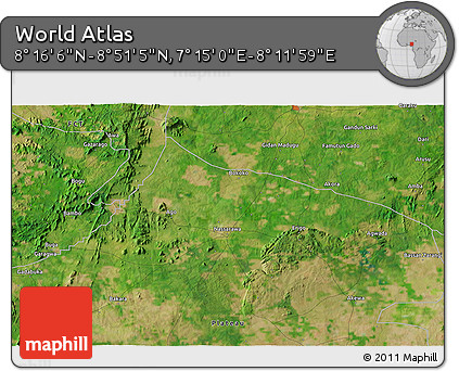 Satellite 3D Map of the Area around 8° 33' 36" N, 7° 43' 29" E