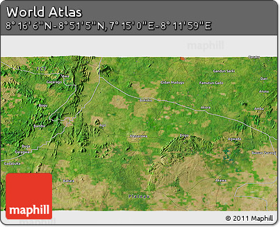 Satellite 3D Map of the Area around 8° 33' 36" N, 7° 43' 29" E