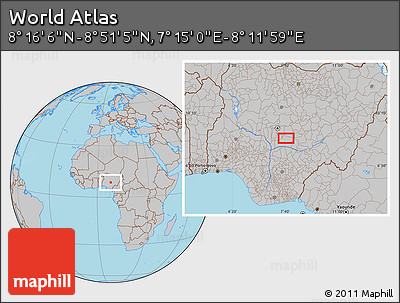 Gray Location Map of the Area around 8° 33' 36" N, 7° 43' 29" E