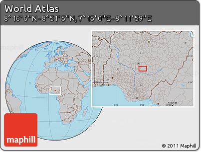 Gray Location Map of the Area around 8° 33' 36" N, 7° 43' 29" E
