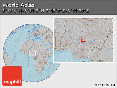 Gray Location Map of the Area around 8° 33' 36" N, 7° 43' 29" E, hill shading