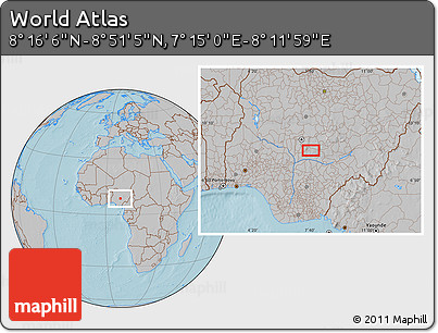 Gray Location Map of the Area around 8° 33' 36" N, 7° 43' 29" E, hill shading