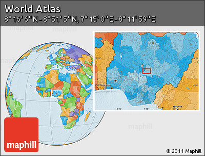 Political Location Map of the Area around 8° 33' 36" N, 7° 43' 29" E