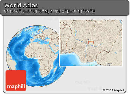 Shaded Relief Location Map of the Area around 8° 33' 36" N, 7° 43' 29" E