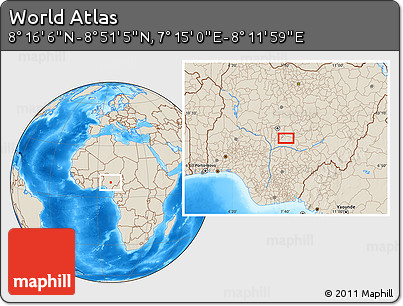 Shaded Relief Location Map of the Area around 8° 33' 36" N, 7° 43' 29" E