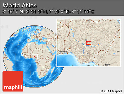 Shaded Relief Location Map of the Area around 8° 33' 36" N, 7° 43' 29" E