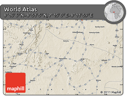 Shaded Relief Map of the Area around 8° 33' 36" N, 7° 43' 29" E