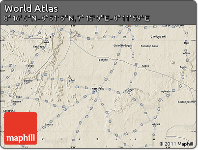 Shaded Relief Map of the Area around 8° 33' 36" N, 7° 43' 29" E