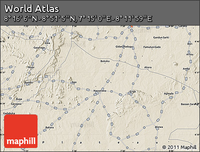 Shaded Relief Map of the Area around 8° 33' 36" N, 7° 43' 29" E