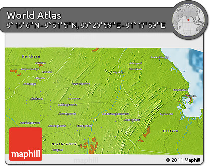 Physical 3D Map of the Area around 8° 33' 36" N, 80° 49' 29" E