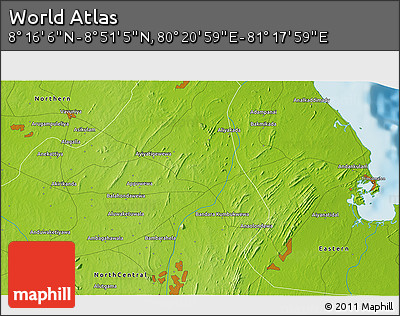 Physical 3D Map of the Area around 8° 33' 36" N, 80° 49' 29" E
