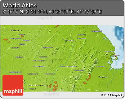 Physical 3D Map of the Area around 8° 33' 36" N, 80° 49' 29" E