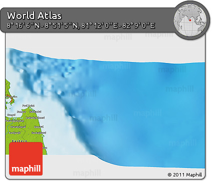 Physical 3D Map of the Area around 8° 33' 36" N, 81° 40' 30" E