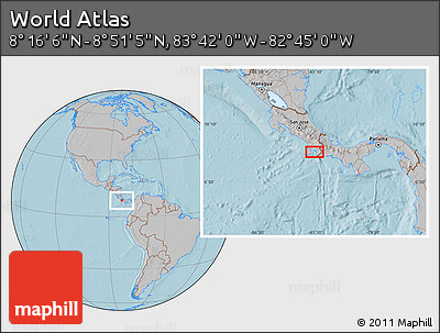 Gray Location Map of the Area around 8° 33' 36" N, 83° 13' 29" W, hill shading