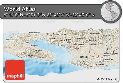 Shaded Relief Panoramic Map of the Area around 8° 33' 36" N, 83° 13' 29" W