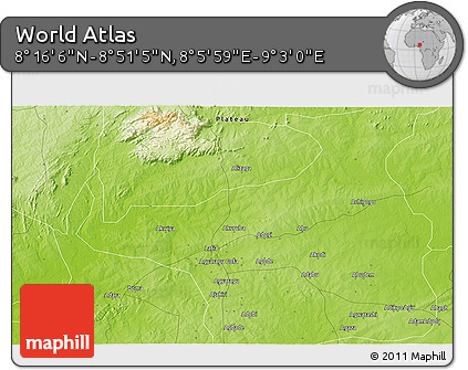 Physical 3D Map of the Area around 8° 33' 36" N, 8° 34' 29" E