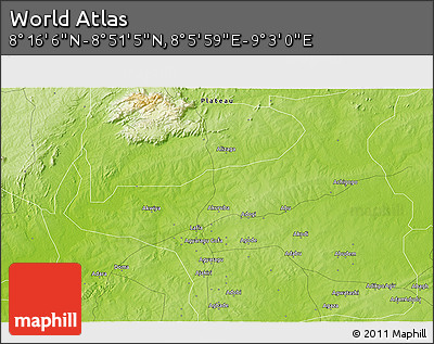 Physical 3D Map of the Area around 8° 33' 36" N, 8° 34' 29" E