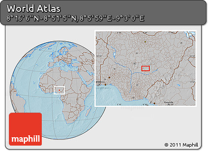 Gray Location Map of the Area around 8° 33' 36" N, 8° 34' 29" E, hill shading